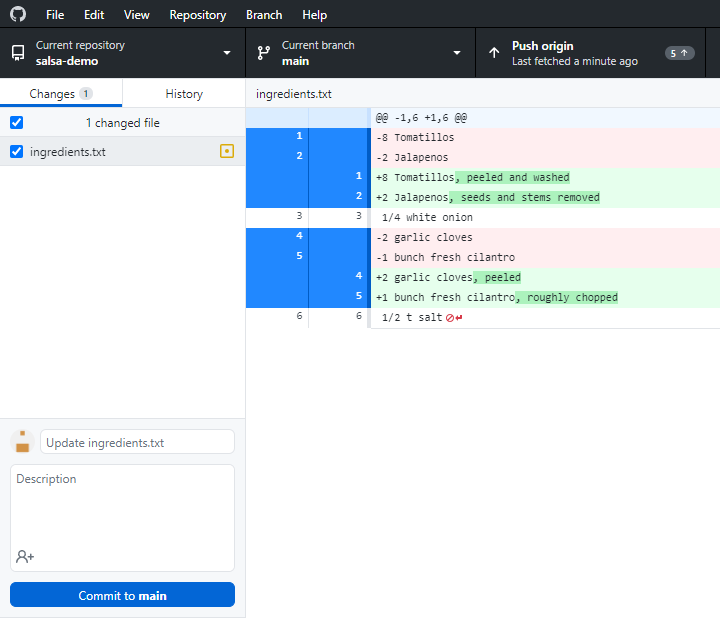 Github Desktop displays the 'ingredients.txt' file under the changes tab. The right side shows the contents of the file, along with red and green backgrounds that indicate the edits made.